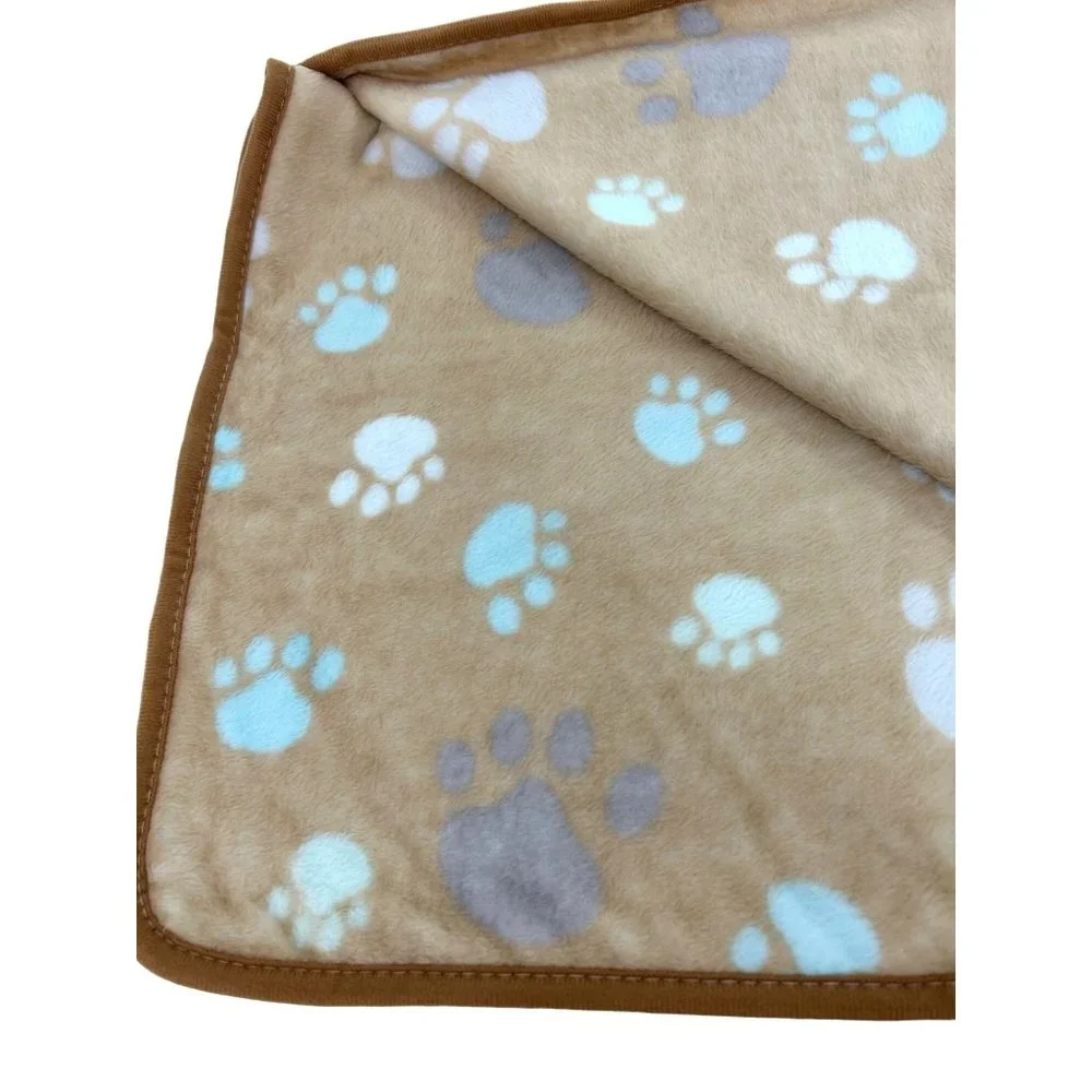 Dog Blanket Brown Tan Paw Print Soft Piping Edge 31”x 41” Blue Turquoise Grey